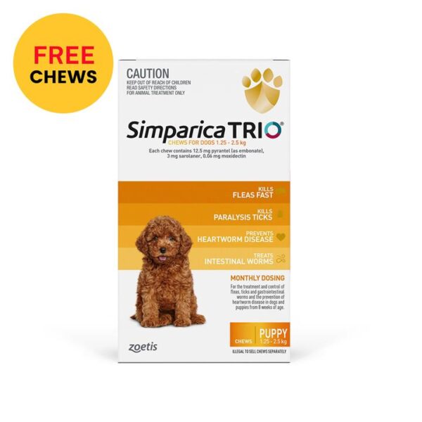 Simparica Trio For Puppy 1.25-2.5kg (Yellow) 6 Chews + 1 Free