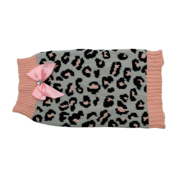 Zeez Knitted Leopard Print Dog Sweater With Bow Grey/Pink 1 X Large