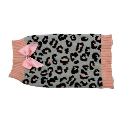 Zeez Knitted Leopard Print Dog Sweater With Bow Grey/Pink 1 X Xlarge