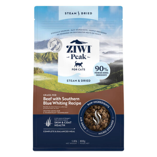 Ziwi Peak Steam And Dried Grass Fed Beef With Southern Blue Whiting Cat Food  800 Gm